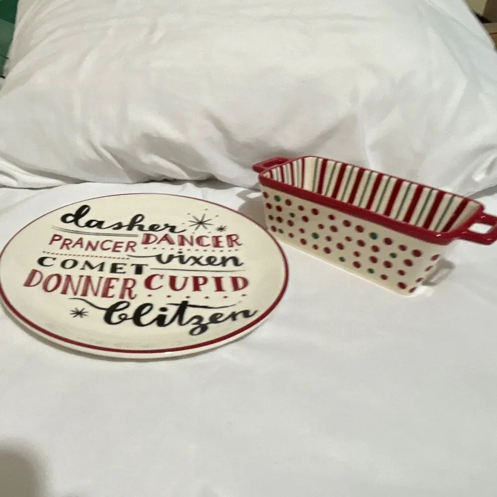 Holiday Home Plate with Reindeer Names and Holiday Times Mini Loaf Pan Red Green